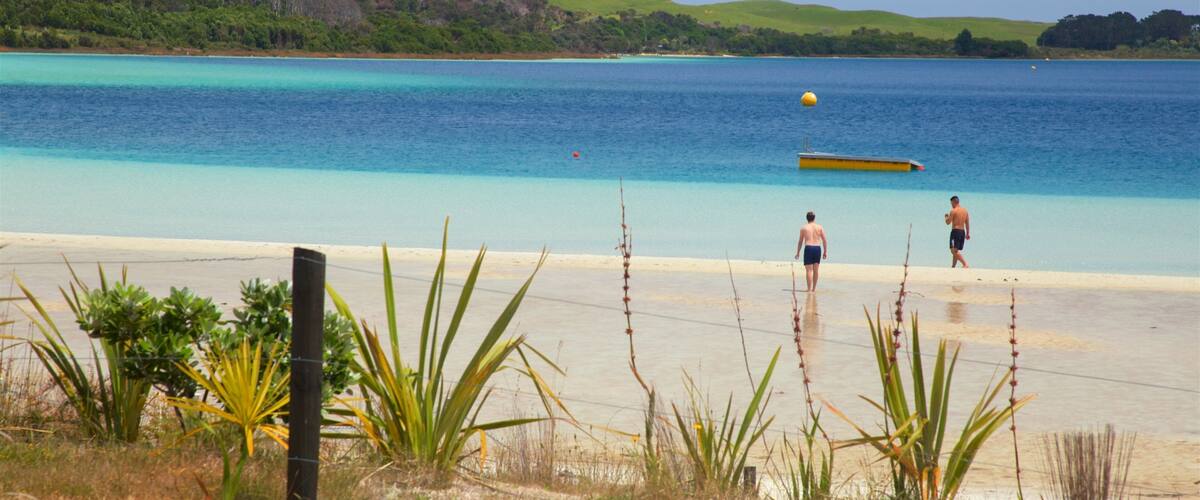 Kai Iwi Lakes showing a bay or harbor and a sandy beach as well as a couple