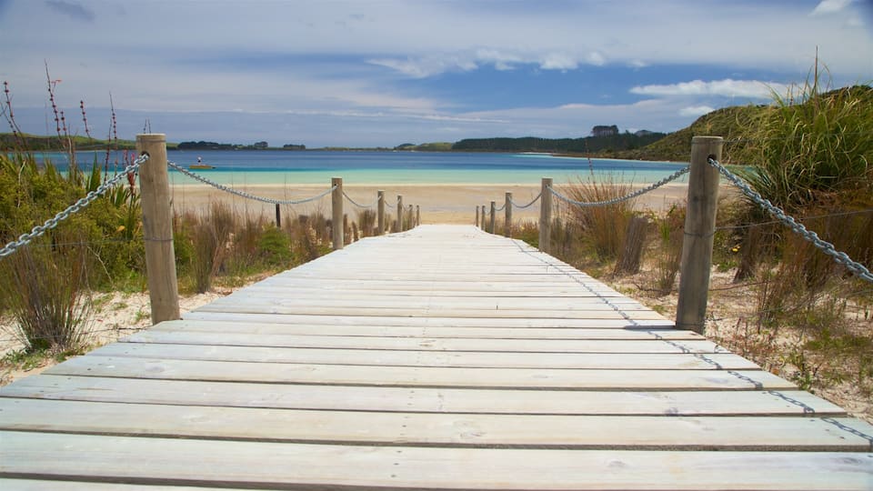 A wooden boardwalk leading to a beach with clear turquoise water.
