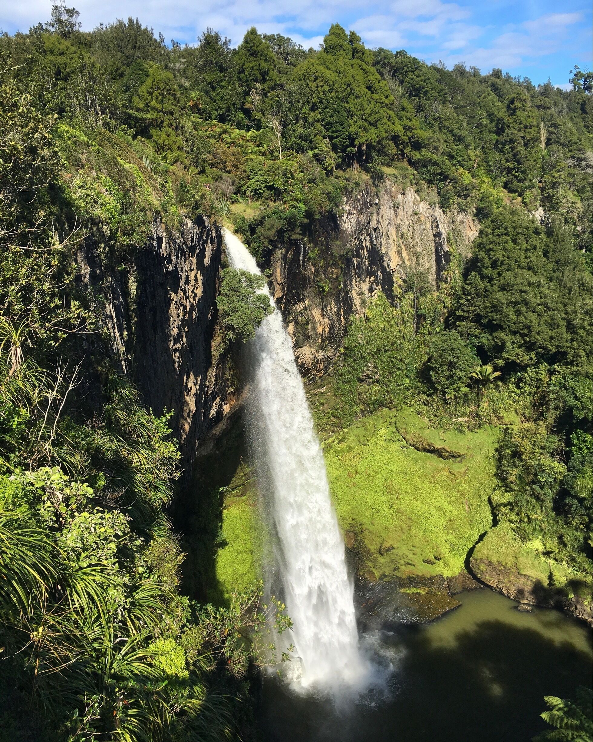 A waterfall cascading down a steep cliff surrounded by lush greenery.