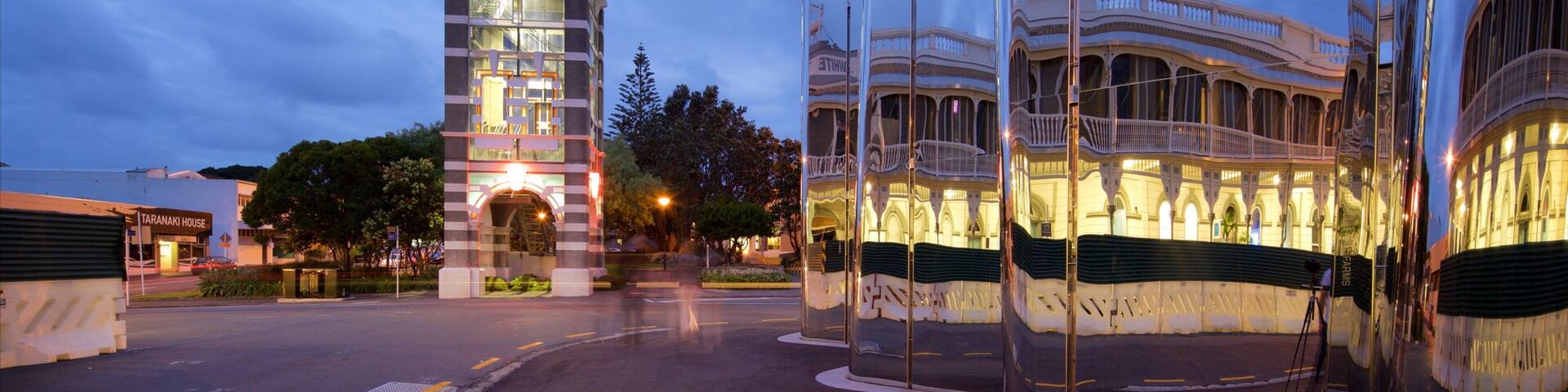 Govett-Brewster Art Gallery featuring heritage architecture, modern architecture and night scenes