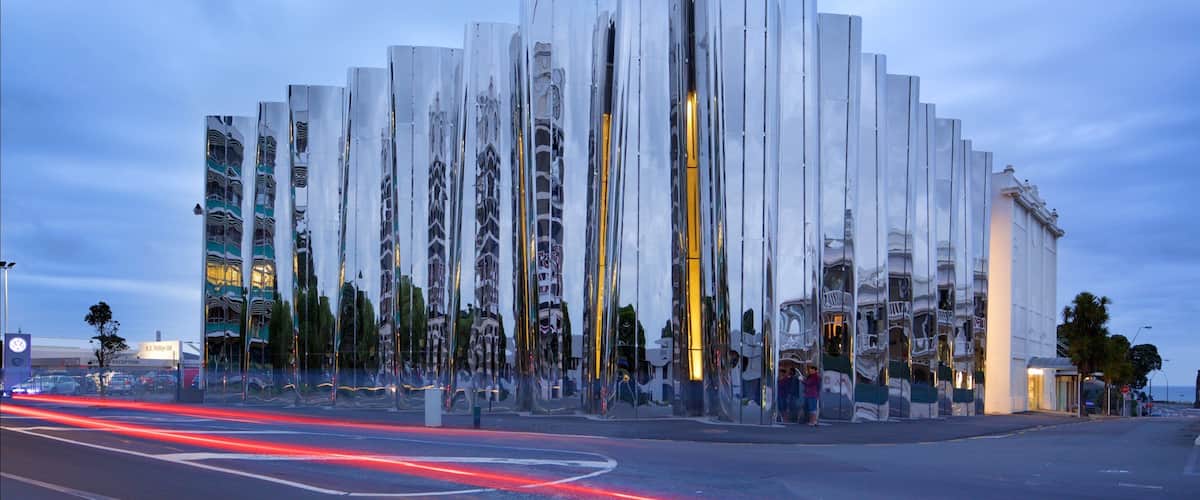 Govett-Brewster Art Gallery which includes modern architecture and night scenes