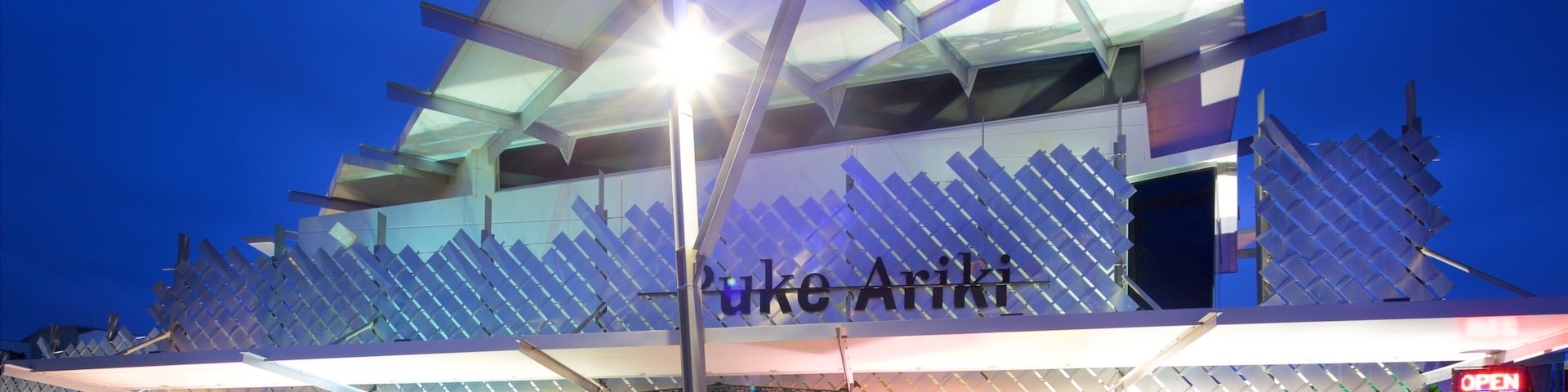 Puke Ariki que inclui arquitetura moderna e cenas noturnas