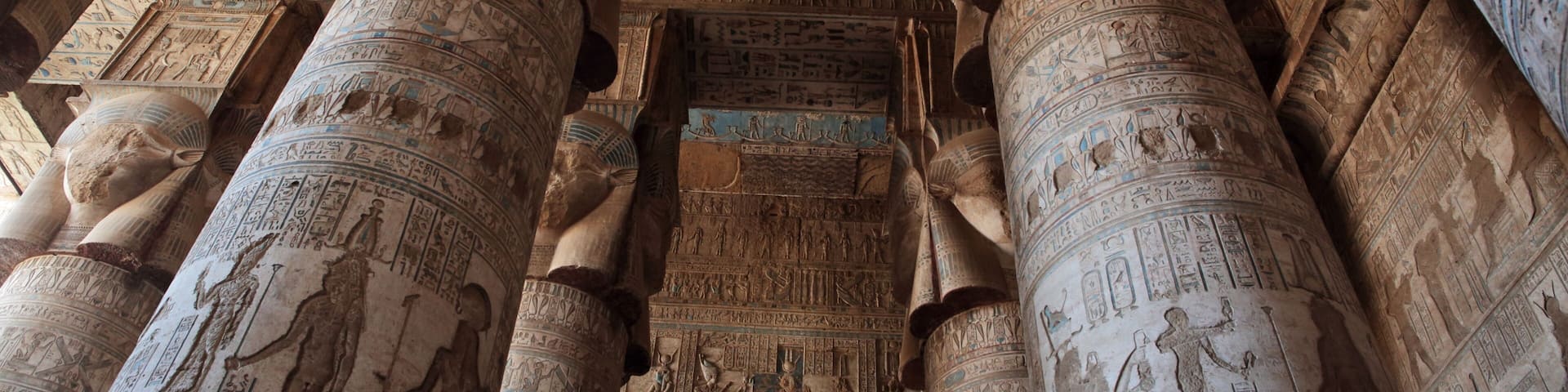 Pillars decorated with face of the Egyptian goddess Hathor in Dendera temple