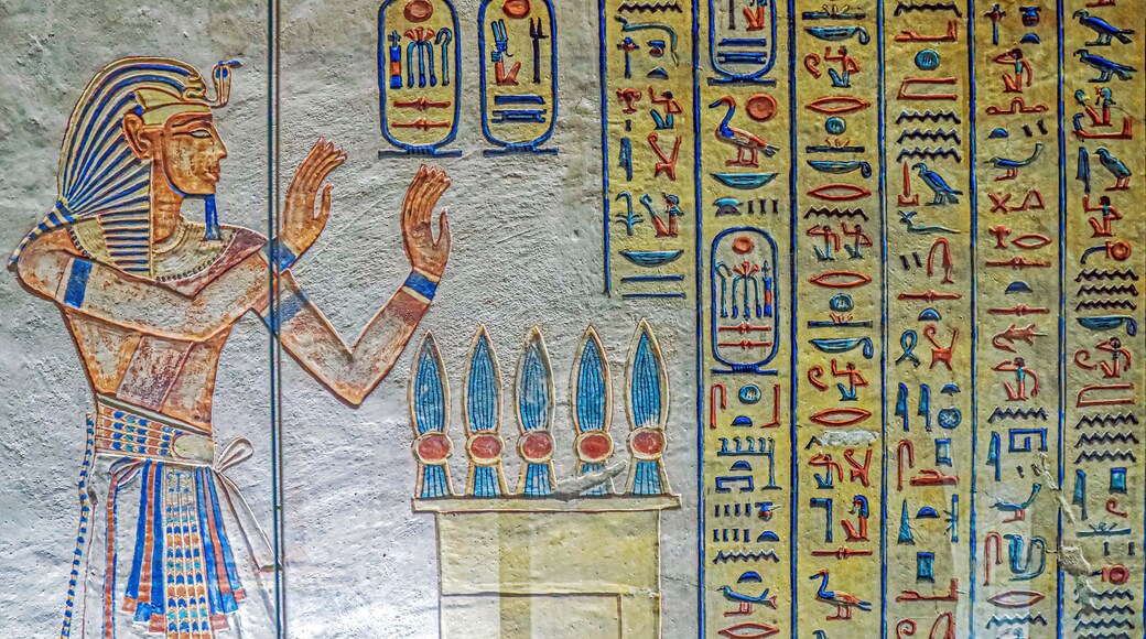 Frescoes inside of the ancient necropolis Valley of the Queens, Luxor, Egypt, Africa