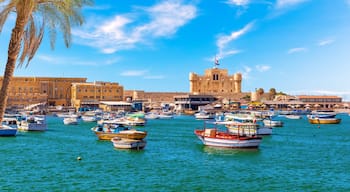 Alexandria harbour, boats near Qaitbay fort, point of the famous lighthouse, Egypt