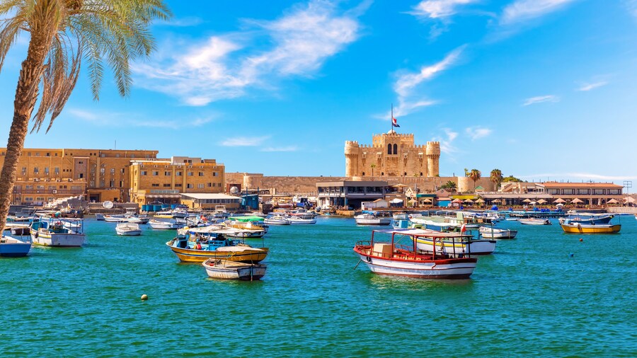 Alexandria harbour, boats near Qaitbay fort, point of the famous lighthouse, Egypt
