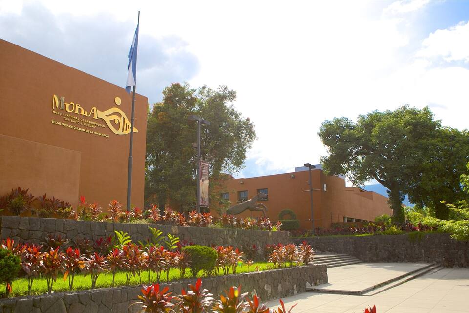 Rakennuksessa on suuri kyltti, jossa lukee ”Museo Nacional de Antropología David J. Guzmán”, ja sen edessä on lipputanko, jossa liehuu lippu. Rakennukseen johtaa portaita, ja sen ympärillä on maisemoituja puutarhoja, joissa kasvaa monenlaisia kasveja.