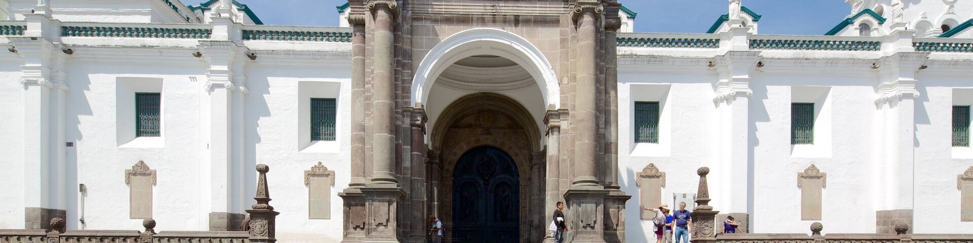 Quito Cathedral which includes street scenes, heritage architecture and a church or cathedral