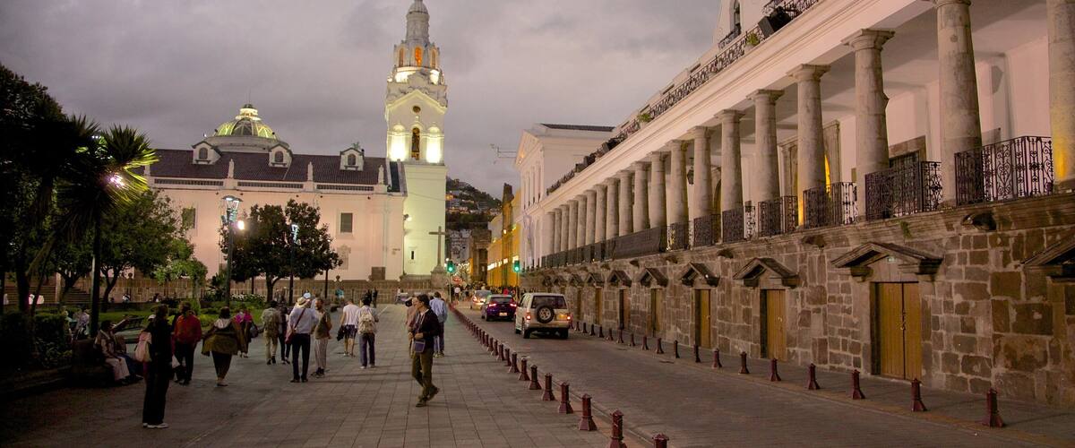 Quito Cathedral showing street scenes and night scenes as well as a large group of people