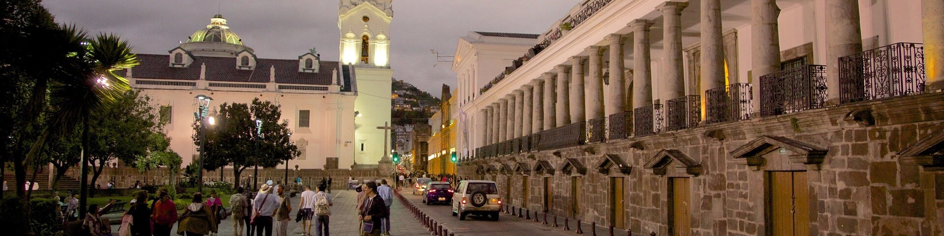 Quito Cathedral showing street scenes and night scenes as well as a large group of people
