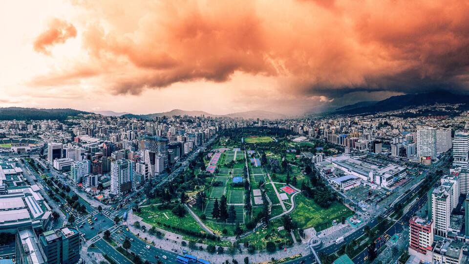 La Carolina park located in the northern center of the city of Quito surrounded by modern buildings