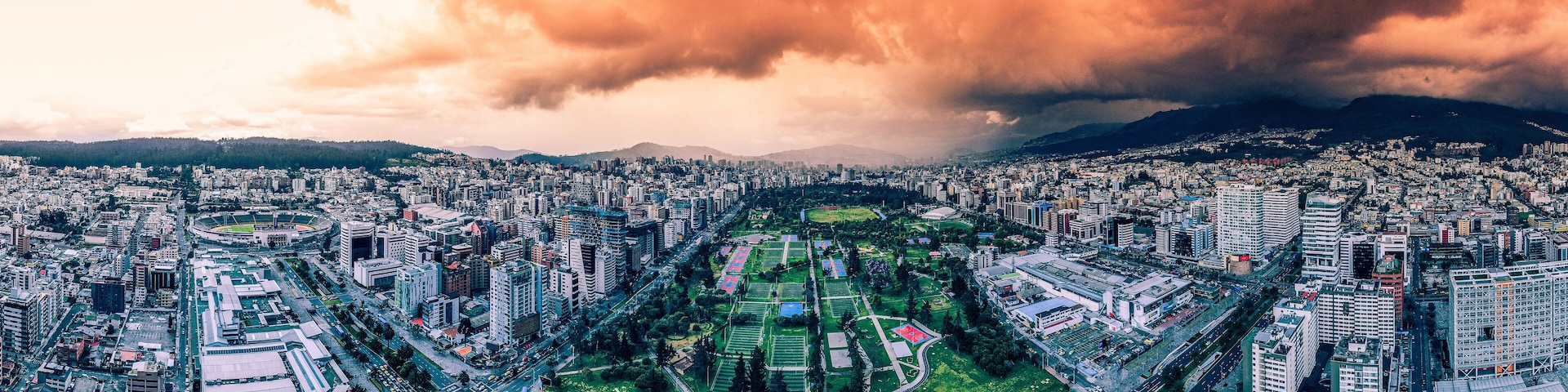 La Carolina park located in the northern center of the city of Quito surrounded by modern buildings