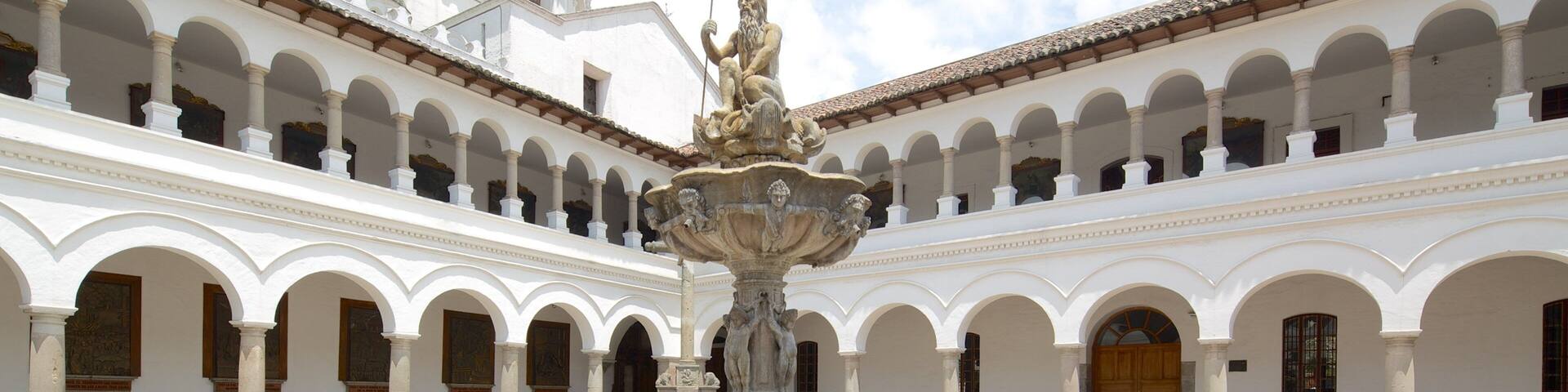 La Merced Church showing a statue or sculpture, a fountain and a square or plaza