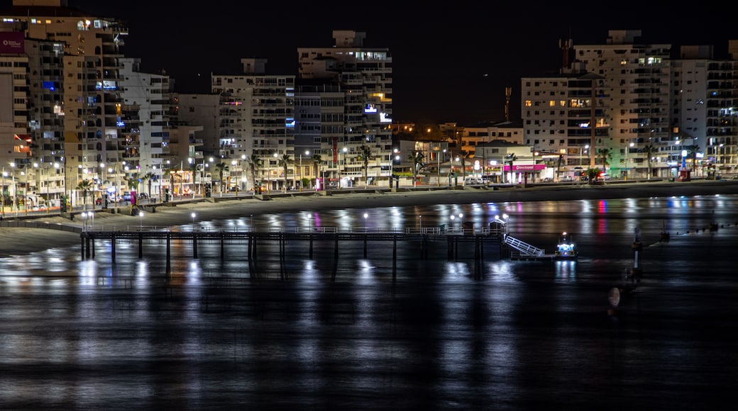 A nighttime cityscape with illuminated buildings and a waterfront.