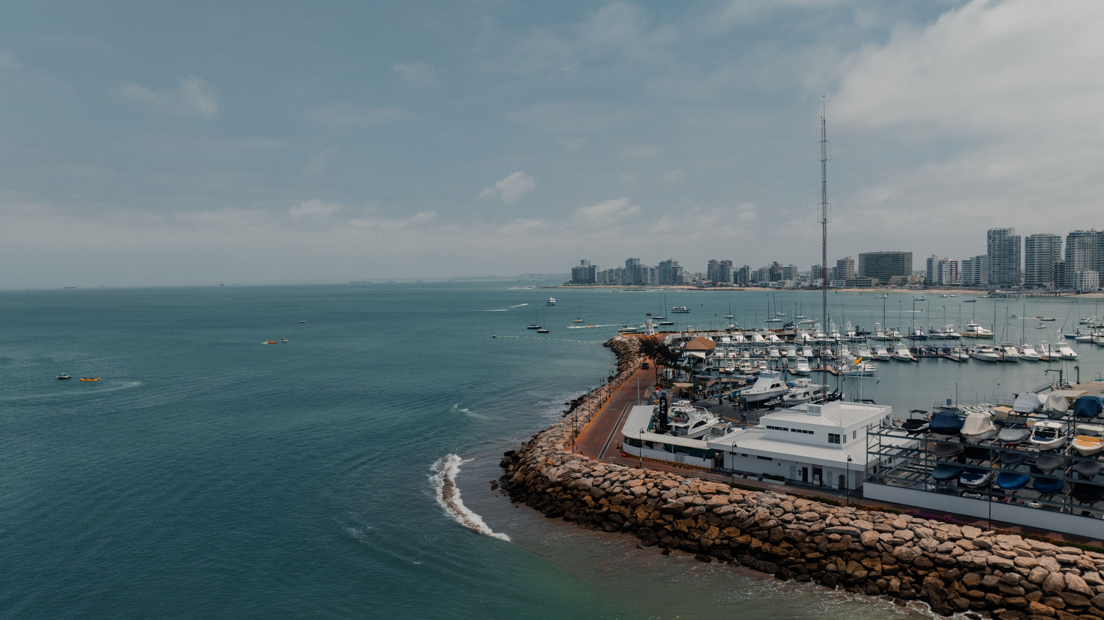 A coastal marina with boats, a rocky breakwater, and a city skyline in the background.
