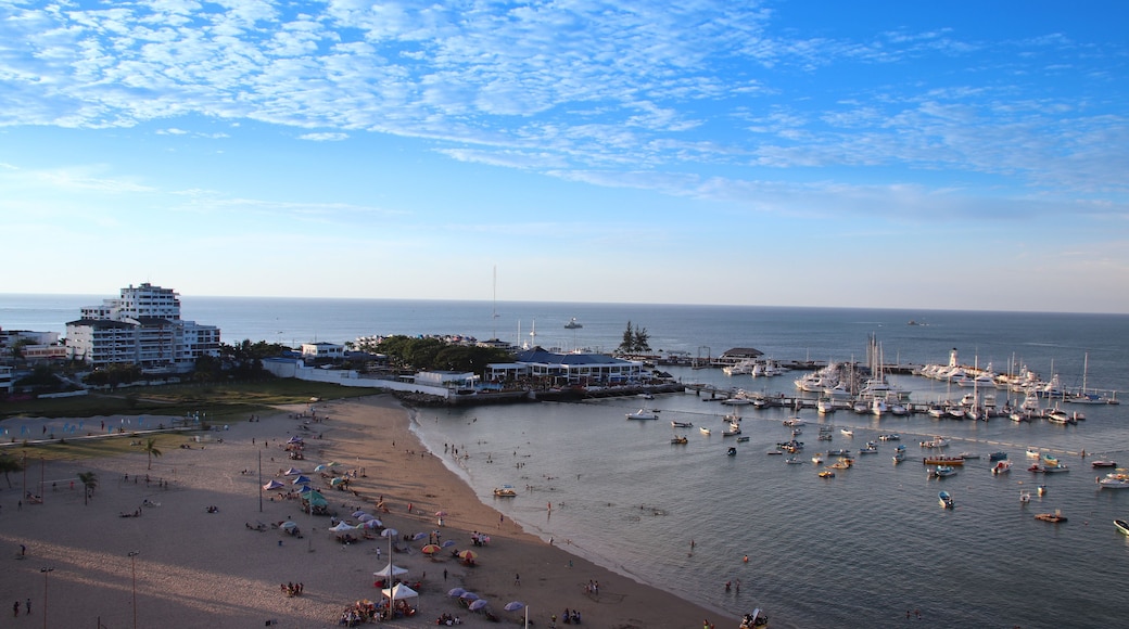 A coastal scene with a beach, a marina with boats, and a building complex.