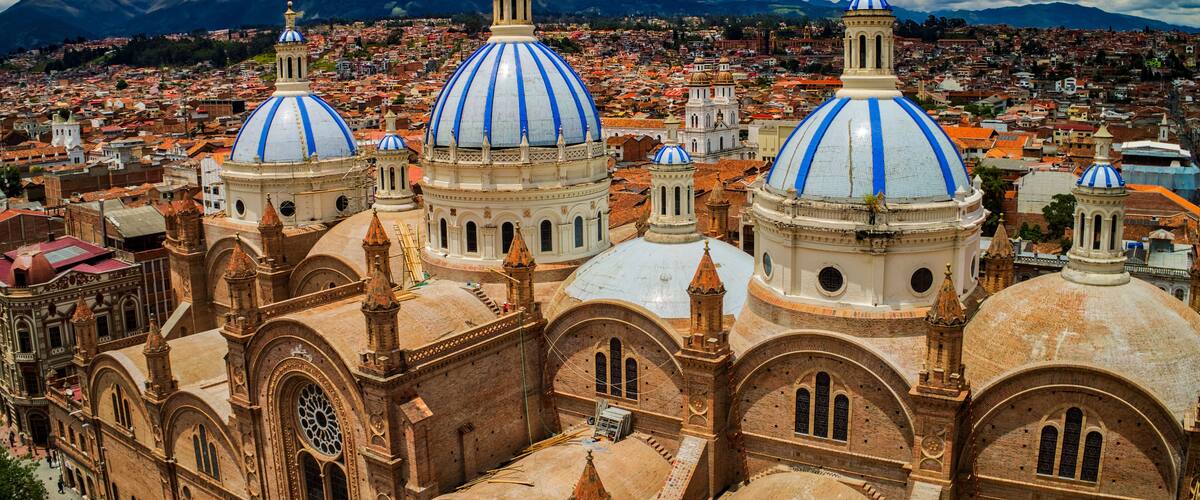 Aerial View of New Cathedral in center of Cuenca, Ecuador