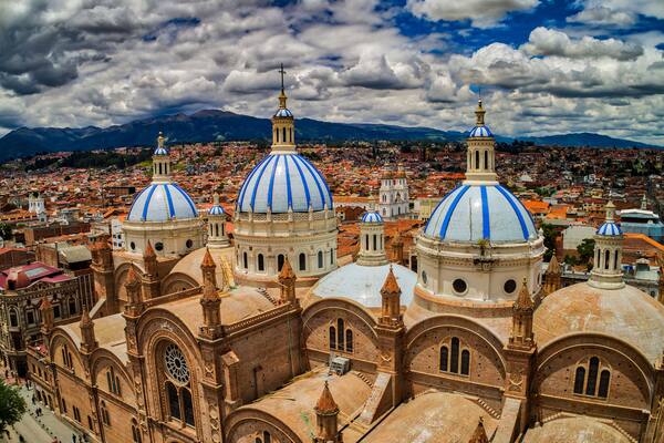 Aerial View of New Cathedral in center of Cuenca, Ecuador
