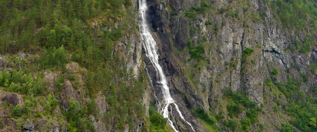 A waterfall cascading down a rocky cliff surrounded by dense green forest.