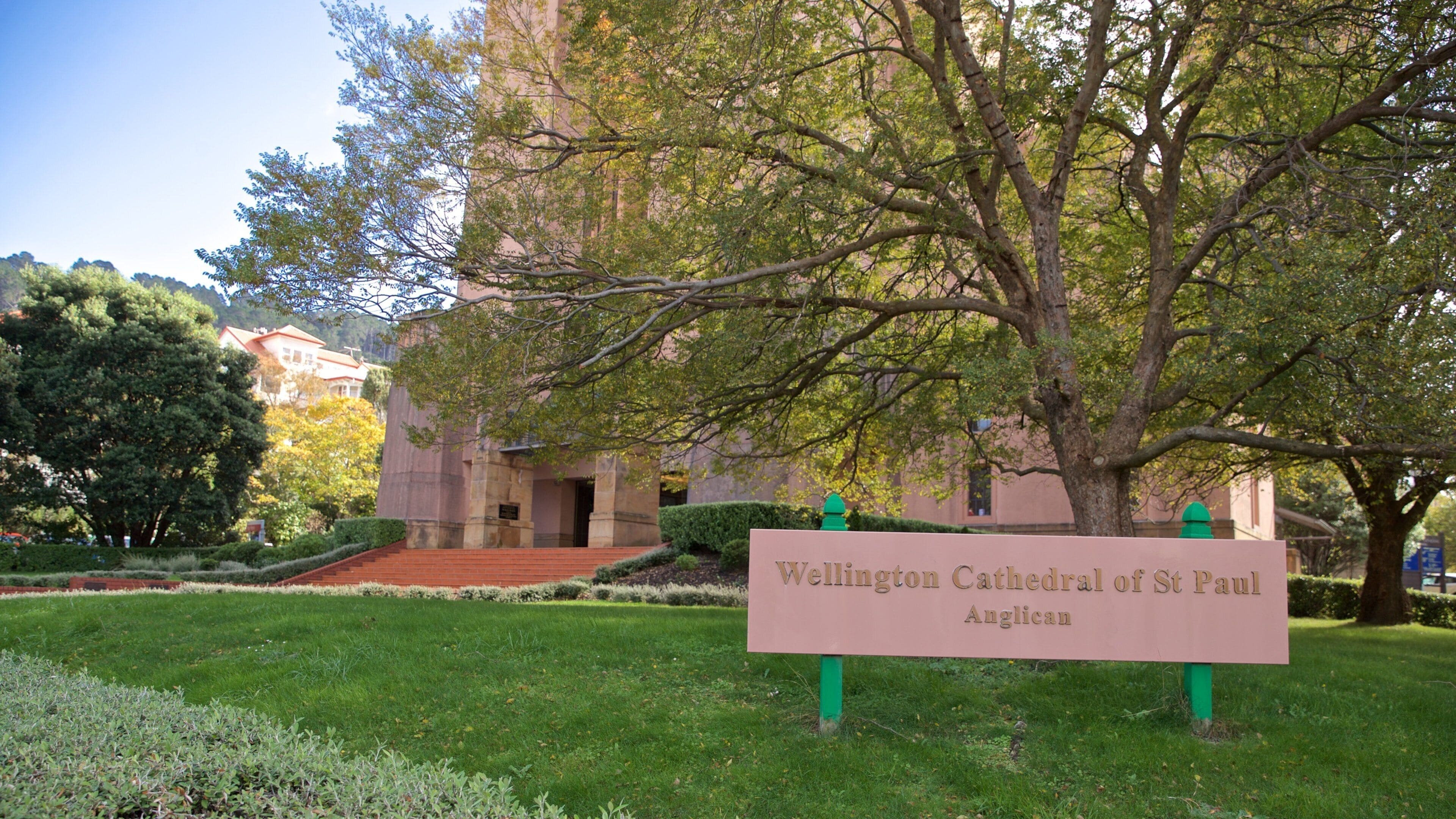 A sign for Wellington Cathedral of St Paul Anglican with a building in the background.
