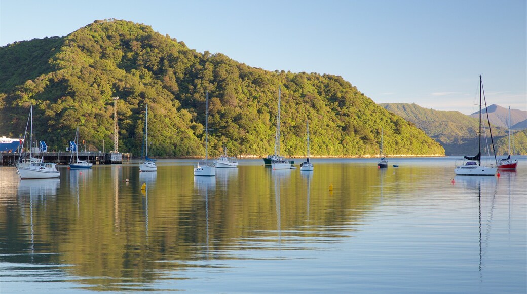 Picton Harbour ofreciendo navegación, una bahía o puerto y bosques