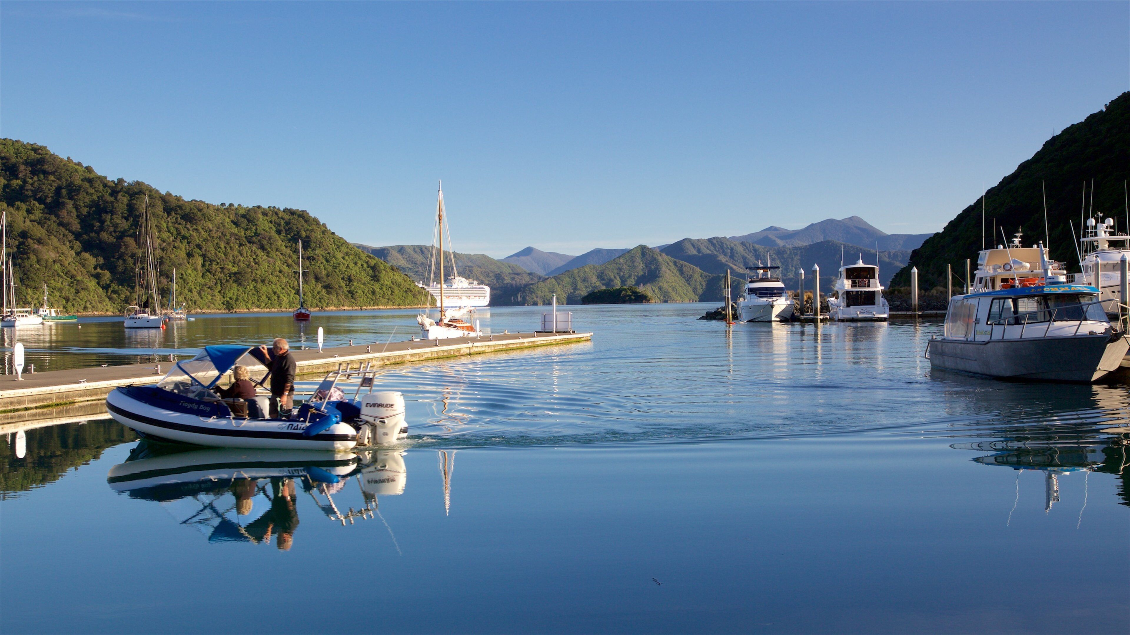 Picton Harbour which includes boating, a bay or harbour and mountains