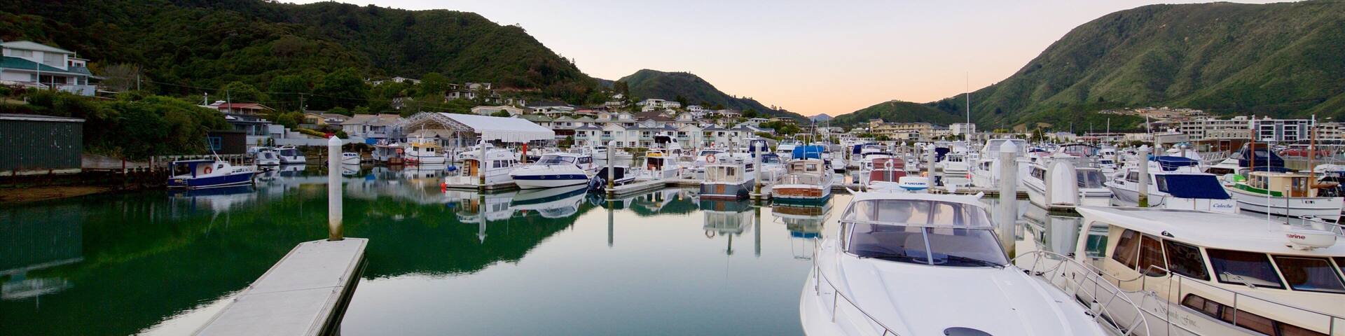Picton Harbour showing a marina, a sunset and mountains