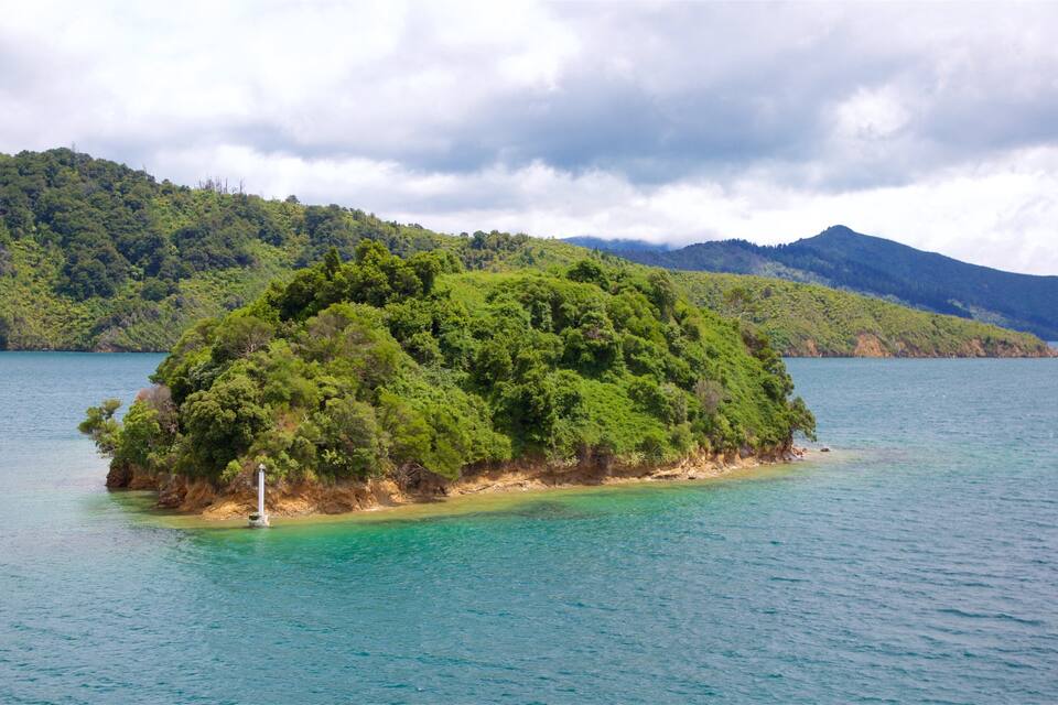 A lush green island surrounded by clear blue waters.