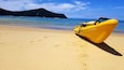 Una lancha inflable amarilla en una playa arenosa con un mar azul cristalino y una isla boscosa al fondo.