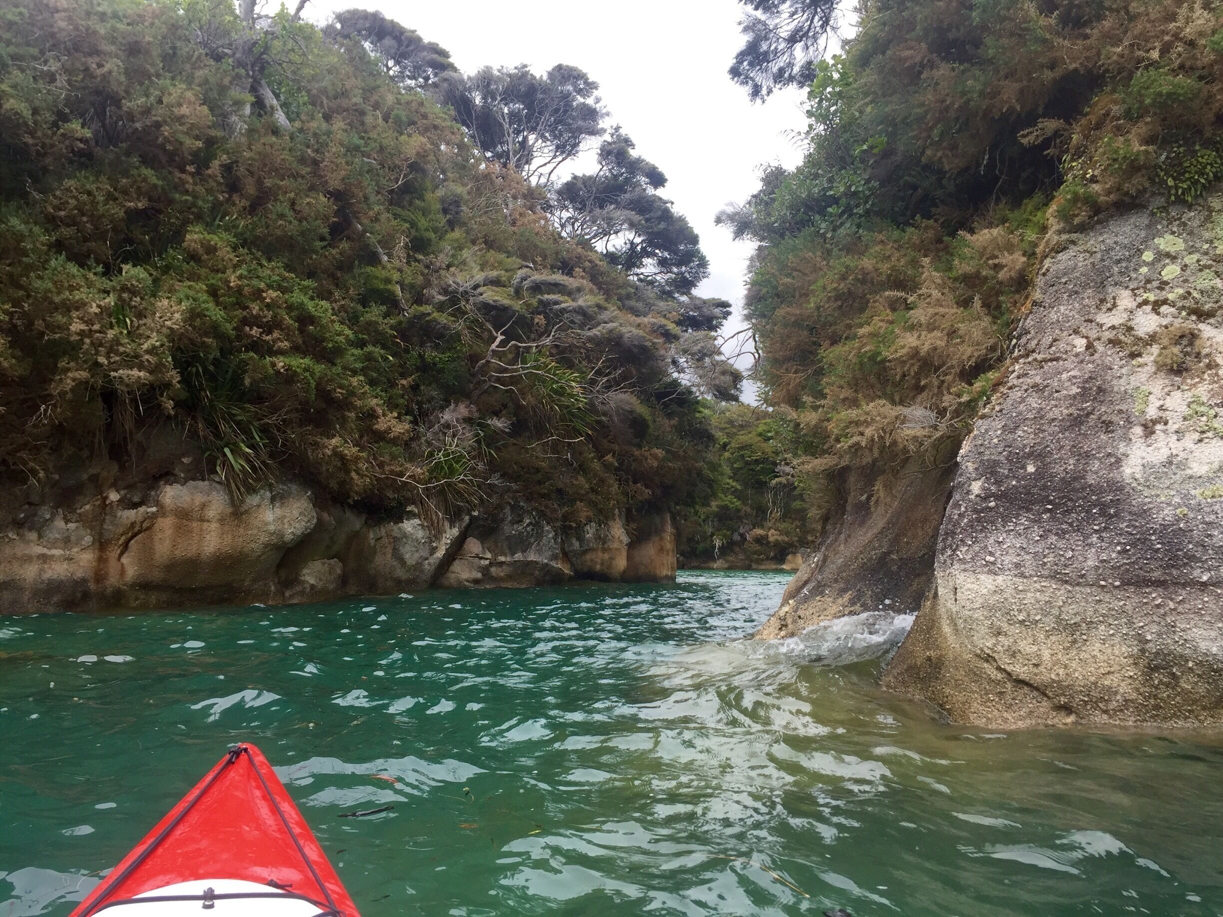 A narrow river flanked by rocky cliffs and dense greenery.