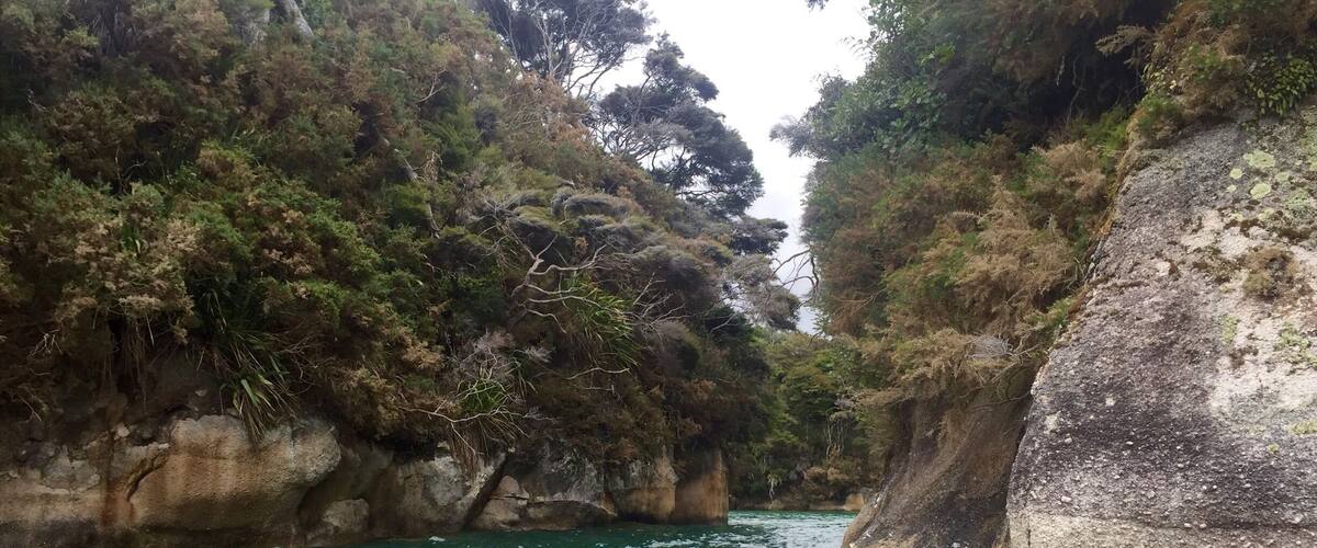 A narrow river flanked by rocky cliffs and dense greenery.