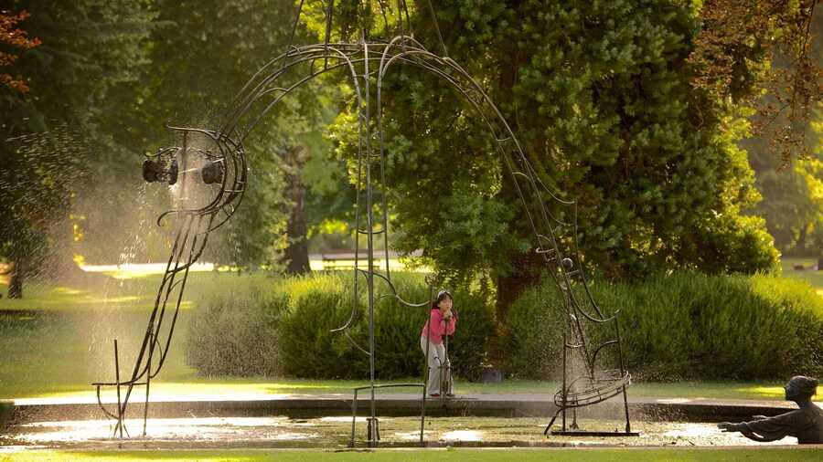 Jardín botánico de Christchurch que incluye una fuente y un jardín y también un niño