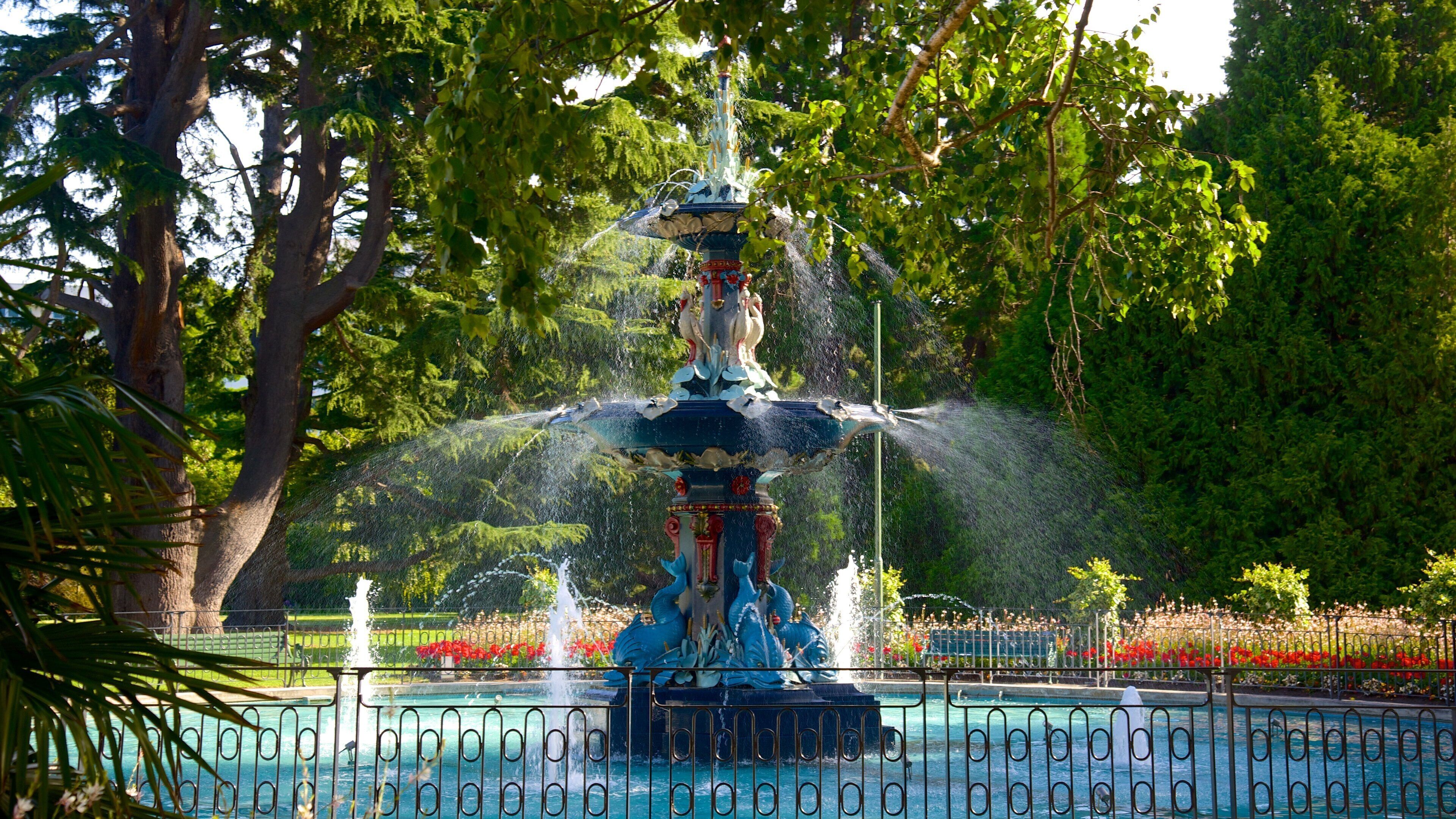 Christchurch Botanic Gardens mostrando um parque e uma fonte
