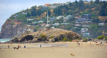 Cave Rock showing caves, a sandy beach and a coastal town
