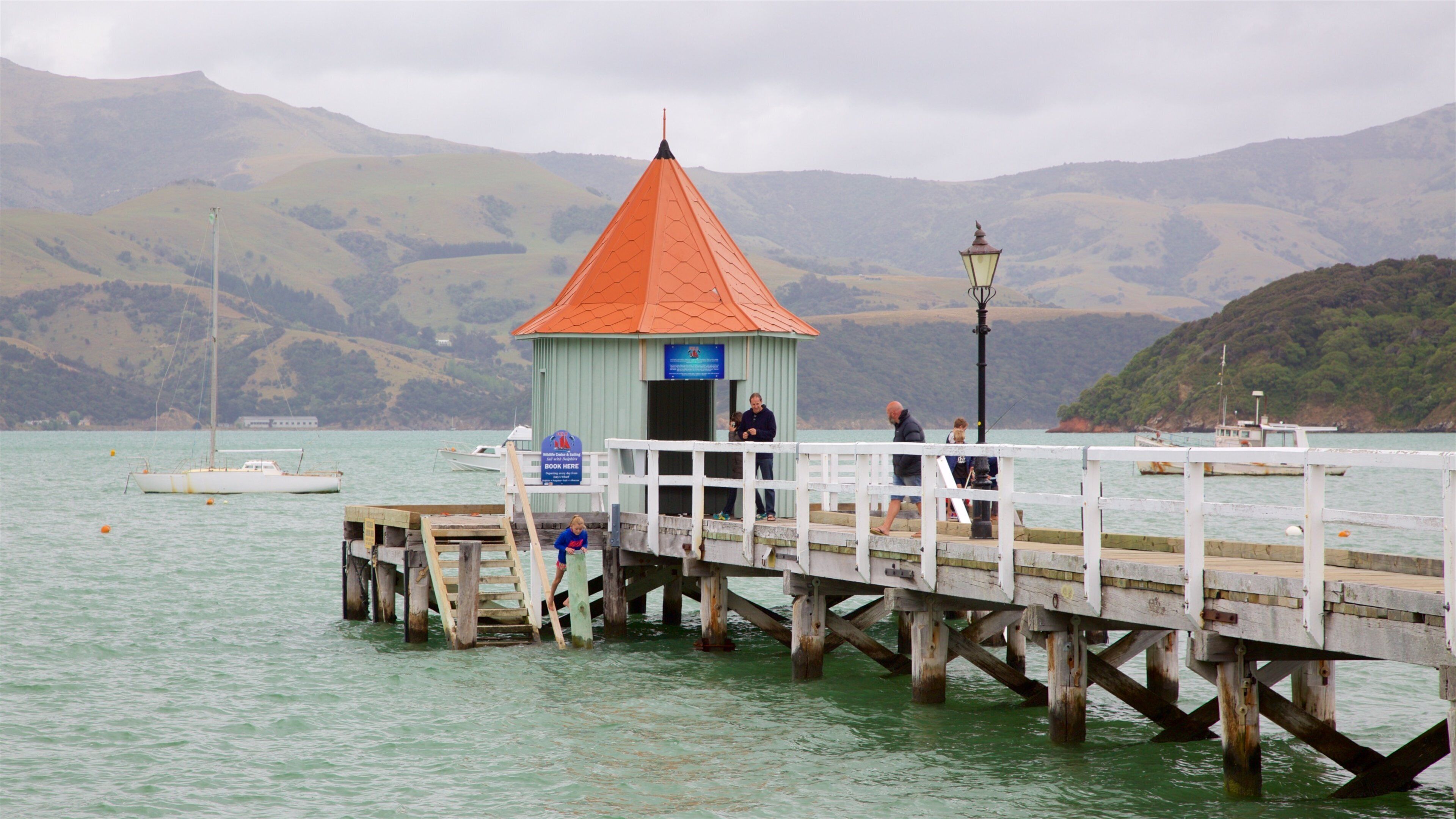 Akaroa Wharf inclusief vredige uitzichten, bergen en een baai of haven