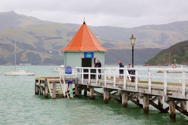Akaroa Wharf which includes a bay or harbour, tranquil scenes and mountains