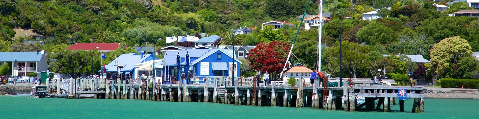 Akaroa Wharf featuring general coastal views and a coastal town