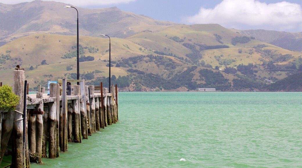 Akaroa Wharf featuring a coastal town, tranquil scenes and general coastal views