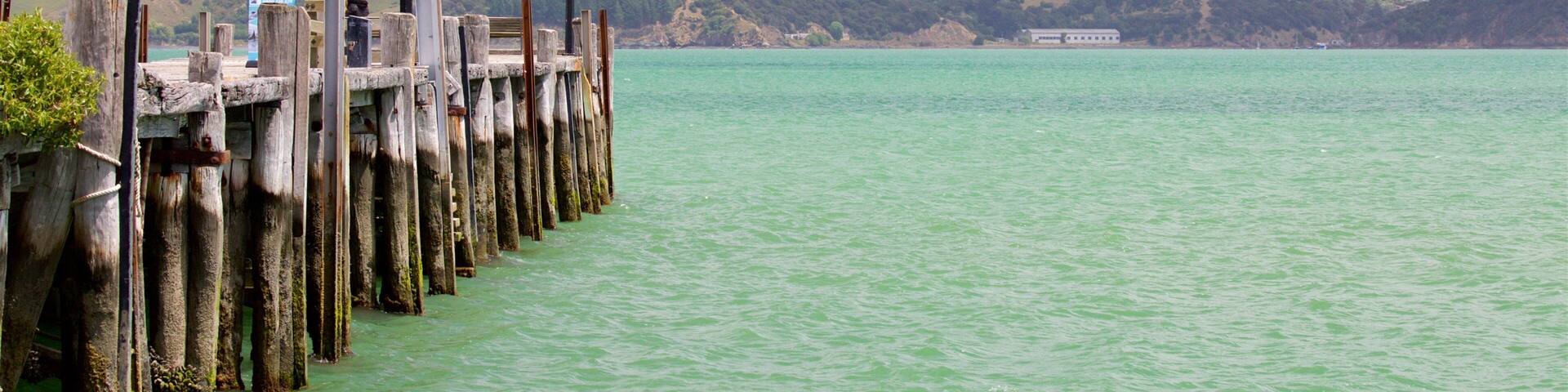 Akaroa Wharf featuring a coastal town, tranquil scenes and general coastal views