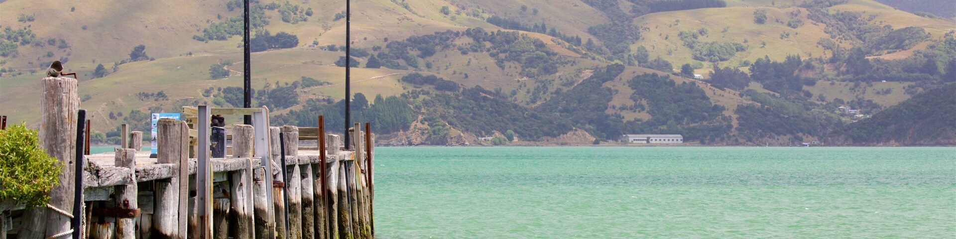 Akaroa Wharf montrant scĂšnes tranquilles, ville cĂŽtiĂšre et vues littorales