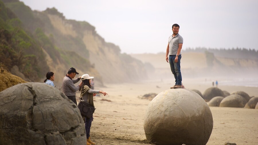 Moeraki Boulders which includes rugged coastline as well as a small group of people