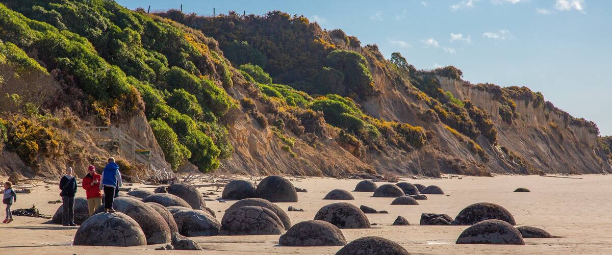 A beach with large boulders and a hillside with sparse vegetation.