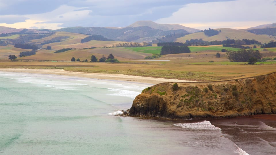 A coastal landscape with a sandy beach, cliffs, and rolling hills in the background.