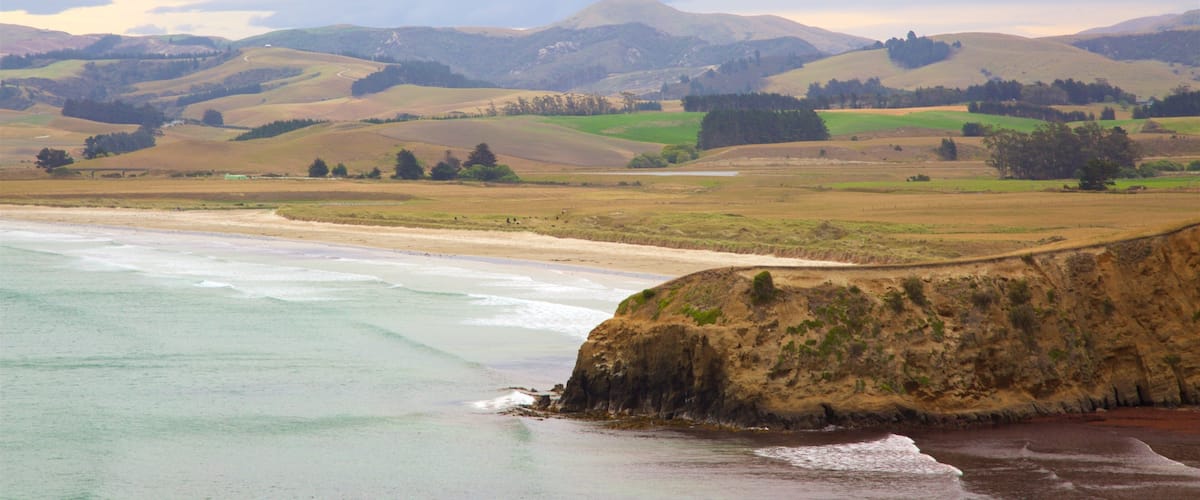 A coastal landscape with a sandy beach, cliffs, and rolling hills in the background.
