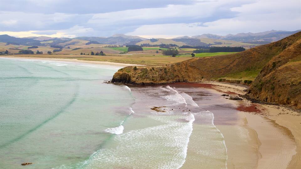 A coastal landscape with a sandy beach, clear turquoise waters, and rolling hills in the background.
