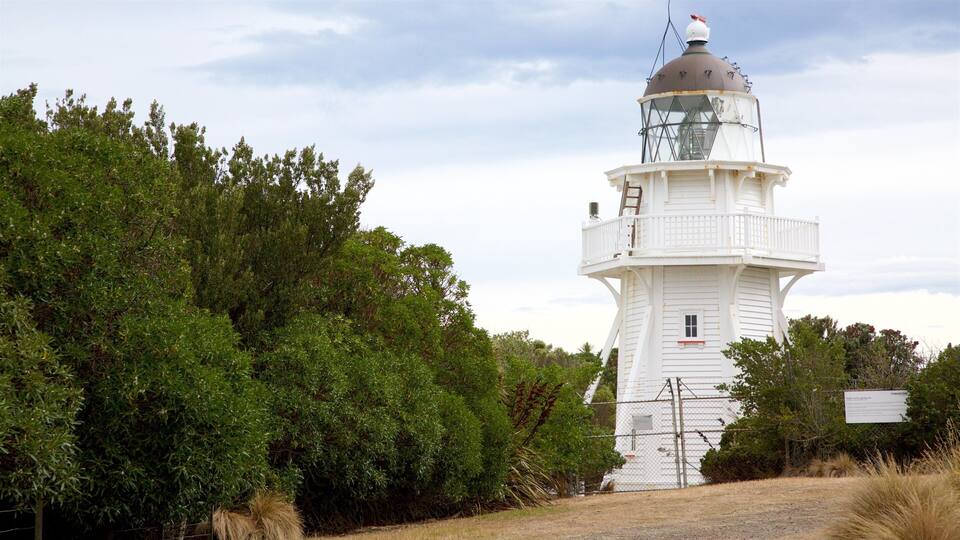 A white lighthouse with a metal dome and balcony, surrounded by dense green foliage.