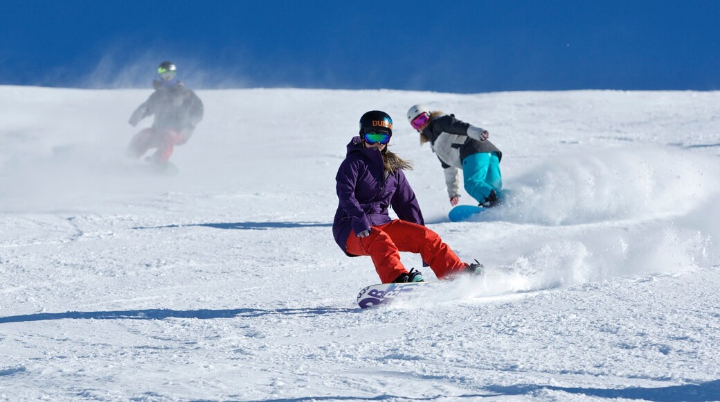 Mount Hutt skiområde som viser snø, sportsarrangement og snowboarding