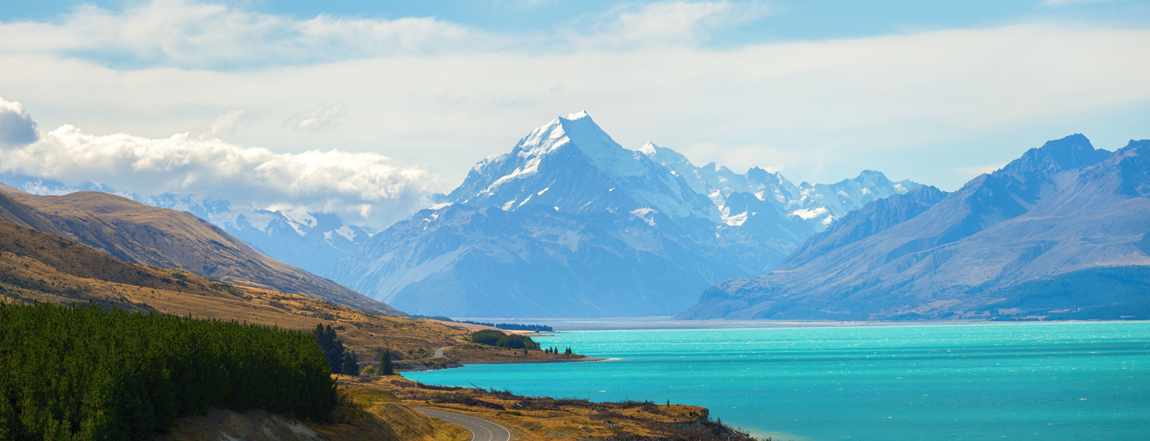 Panorama view of road leading to mount cook national park, South Island New Zealand, Travel Destinations Concept