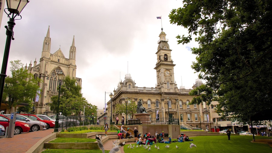 The Octagon which includes heritage elements and a church or cathedral as well as a large group of people