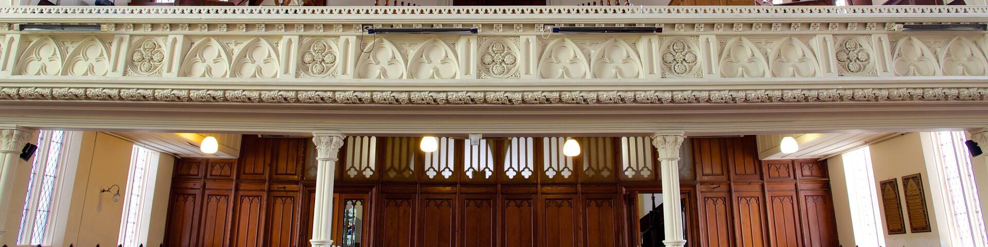 First Church of Otago showing a church or cathedral and interior views